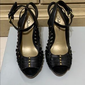 Black “Delicious” peep-toe heels, used, size 5 1/2